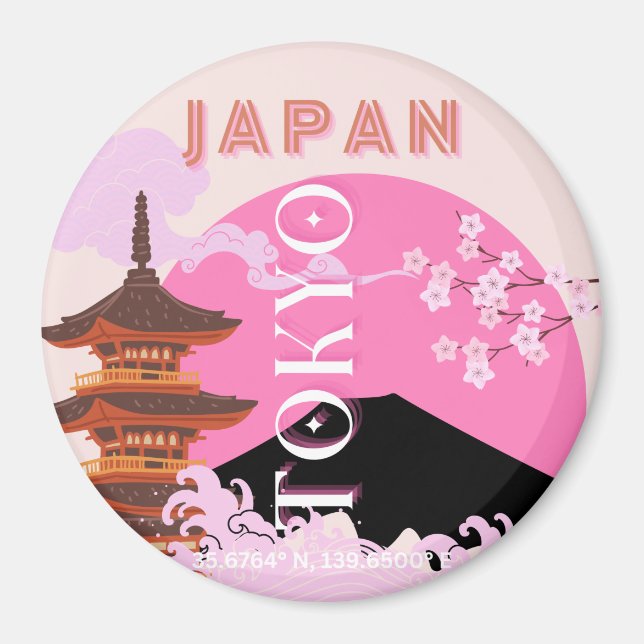 Imã Tóquio Japão Viagem Art, Retro-Viagem Art, Rosa (Frente)