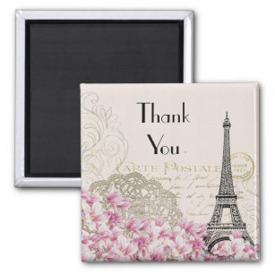 Imã Torre Eiffel Vintage com flores cor-de-rosa Obriga