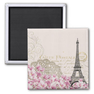 Imã Torre Eiffel Vintage com Flores Selvagens Rosa