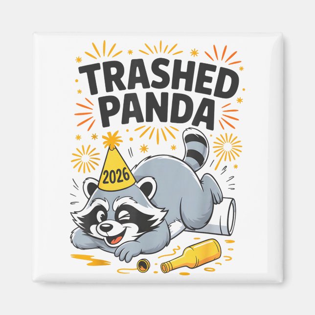 Imã Trashed Panda New Year 2026 Funny Drunk Raccoon  (Frente)