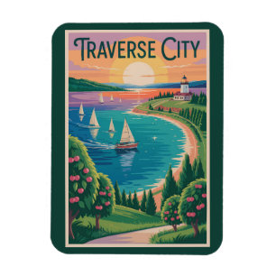 Ímã Traverse City Lake Michigan Illustration Viagem