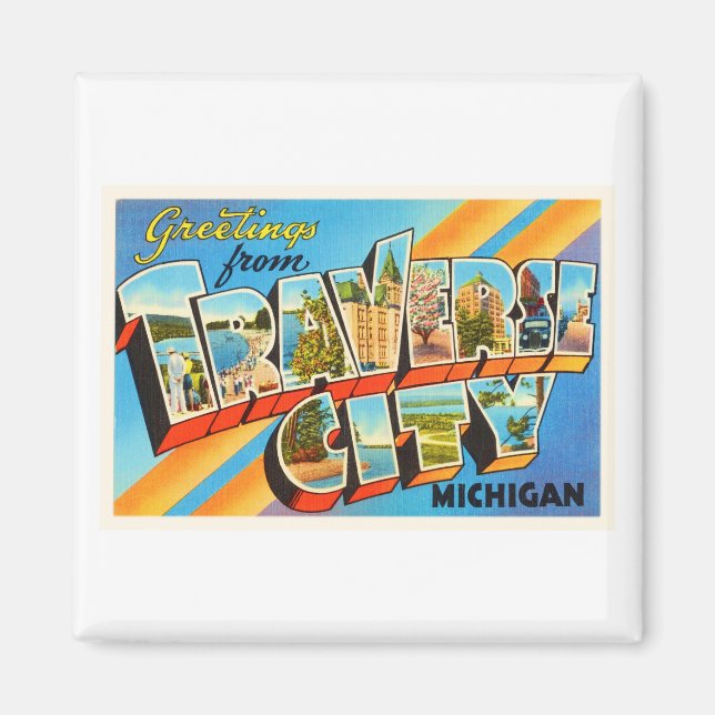 Imã Traverse City Michigan MI Viagens vintage Souvenir (Frente)