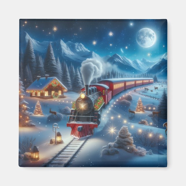 Imã Trem de Natal Mágico com Paisagem Invernal Nevada (Frente)