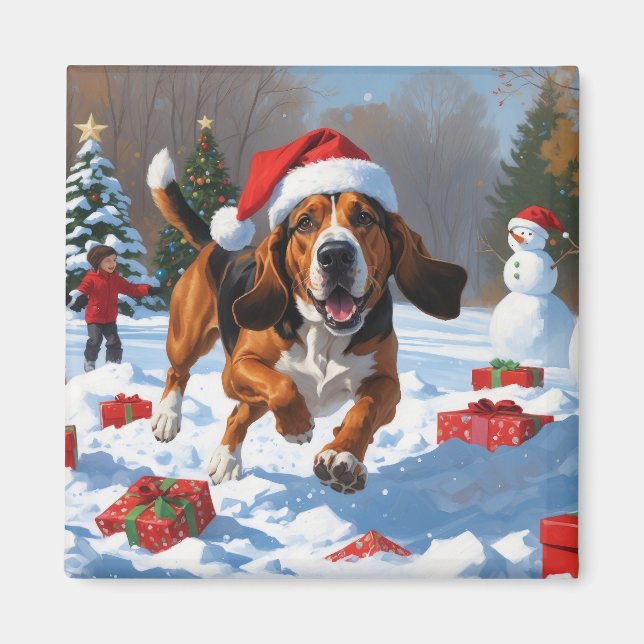 Imã Tremendo Walker Coonhound Snow com Chapéu de Natal (Frente)