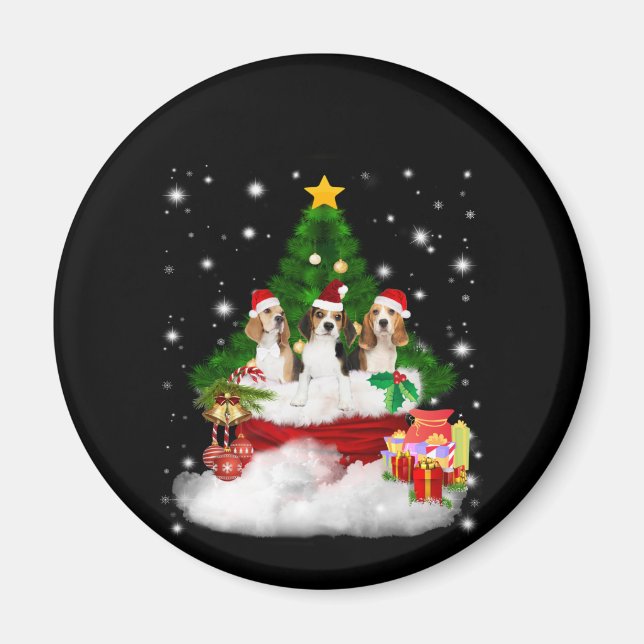 Imã Três Beagles Papai Noel com Árvore de Natal (Frente)