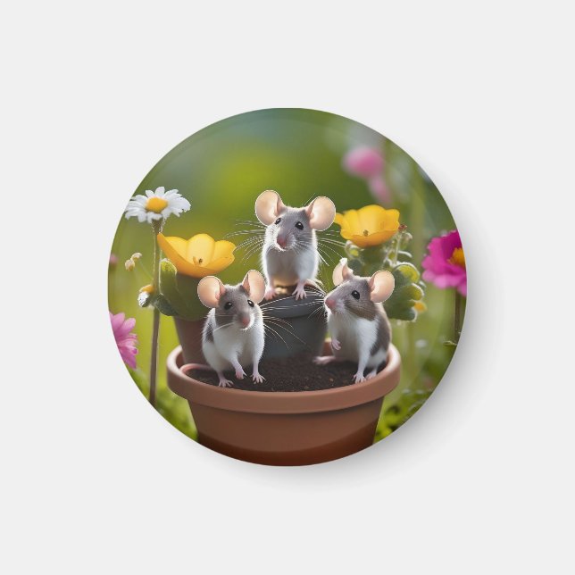 Imã Três Camundongos Em Potes Flores, (Frente)