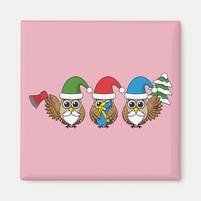 Imã Três Corujas Engraçadas de Gnomo de Natal (Frente)