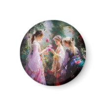 Três garotas brincando num jardim