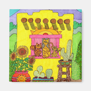 Imã Três gatos em uma casa de Adobe amarela