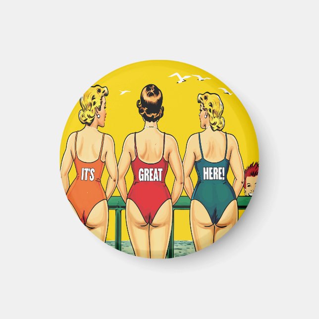 Imã Três Meninas de Pin-up por trás, Humor de Praia, E (Frente)