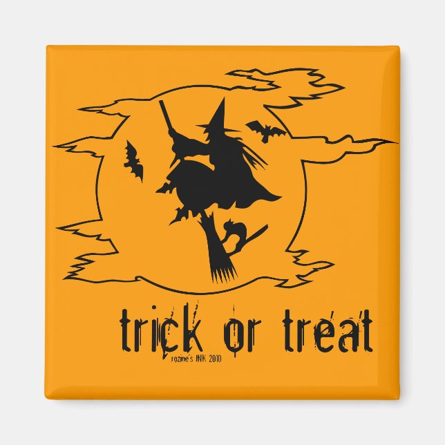 Imã Trick ou Treat Witat com Broom com Bats + Gato Neg (Frente)