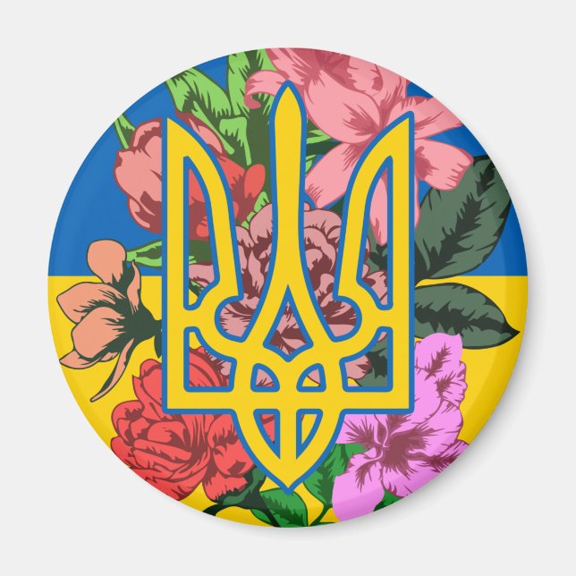 Imã Tridente ucraniano e bandeira da Ucrânia com flore (Frente)