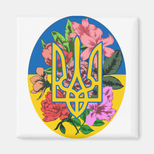 Imã Tridente ucraniano e bandeira da Ucrânia com flore