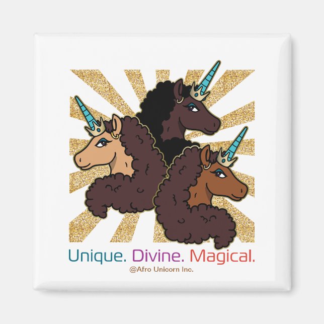 Imã Trio Afro Unicorn: Único, Divino e Mágico (Frente)