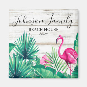 Imã Tropical Floral Rosa Flamingo Family Name Beach