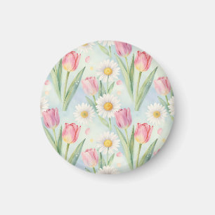 Imã Tulipa Rosa Margarida Aquarela Padrão Primavera