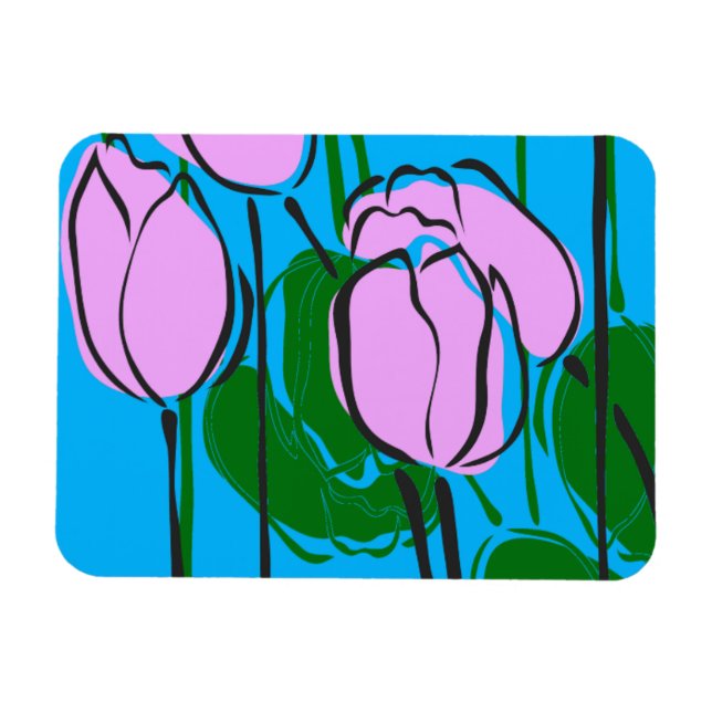 Ímã Tulipas rosa desenhadas à mão no azul-céu (Horizontal)