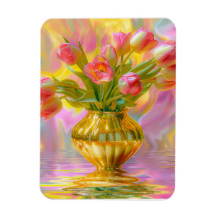 Ímã Tulipas Rosa Vibrantes em Vase Ouro