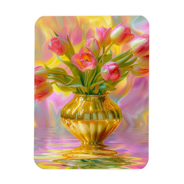 Ímã Tulipas Rosa Vibrantes em Vase Ouro (Vertical)
