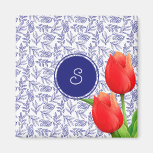 Imã Tulipas Vermelhas Elegantes Primavera Azul Floral