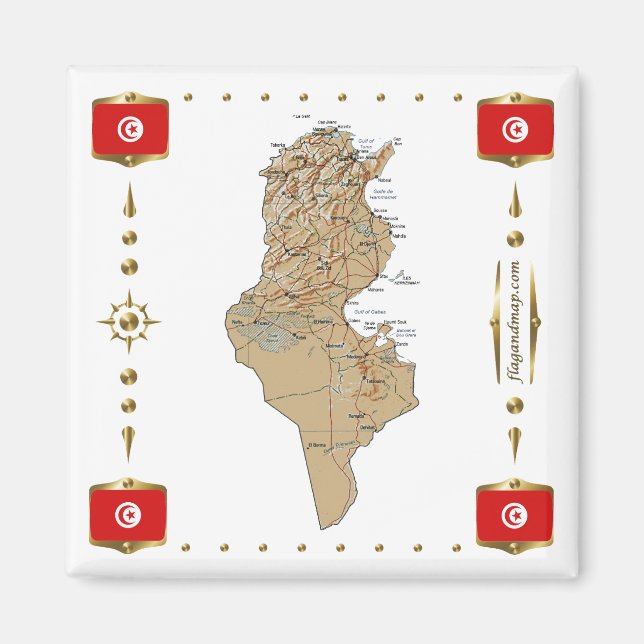 Imã Tunisia Map + Flags Magnet (Frente)
