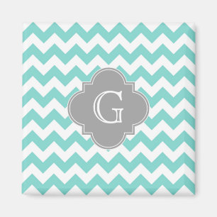 Imã Turq / Aqua White Chevron Cinza Quatrefoil Monogra