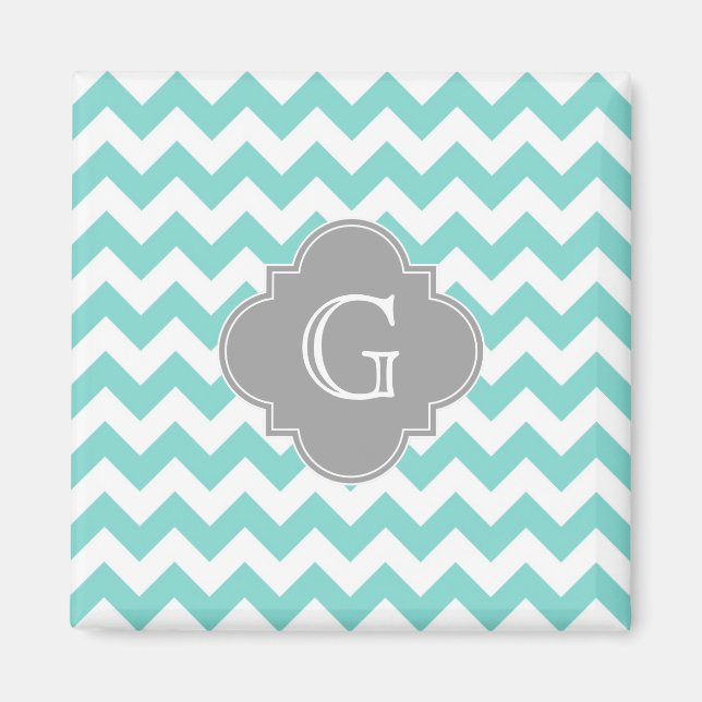 Imã Turq / Aqua White Chevron Cinza Quatrefoil Monogra (Frente)