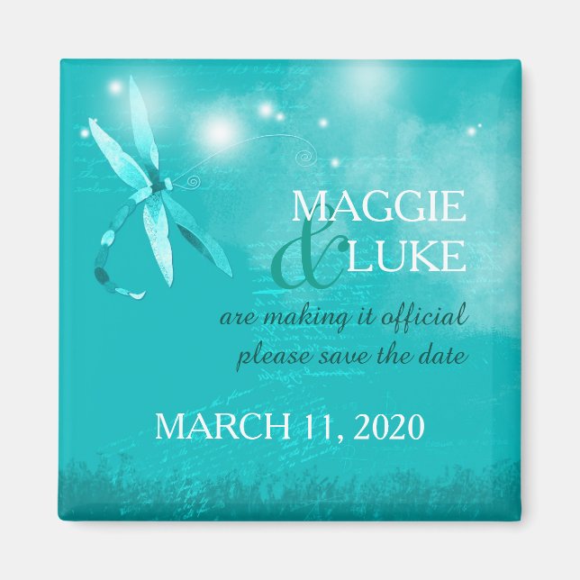 Imã Turquoise Dragonfly Wedding Save the Date (Frente)
