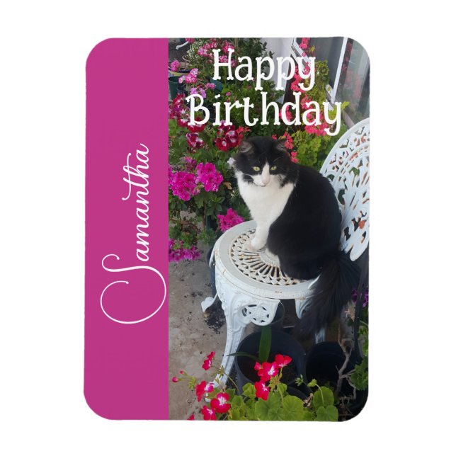 Ímã Tuxedo Cat Cats and Flowers Girls Name Birthday (Vertical)