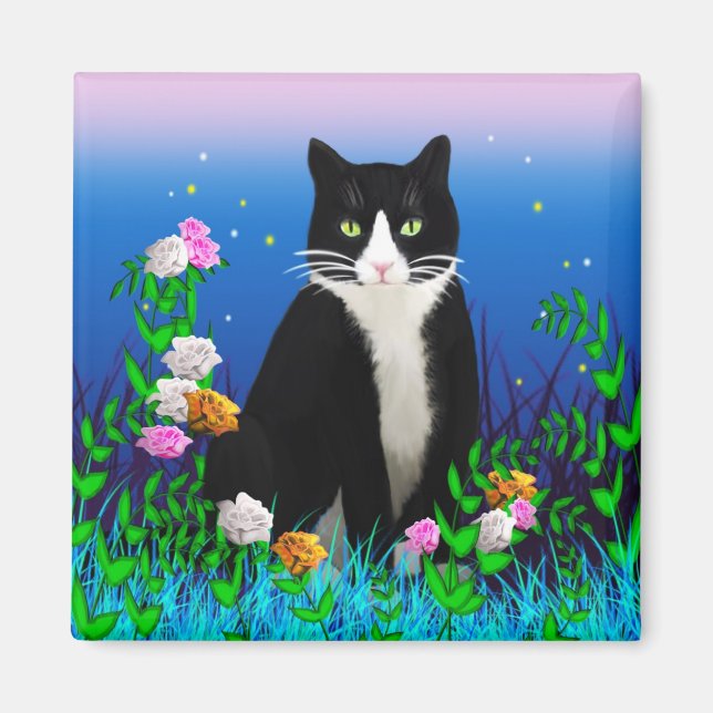 Imã Tuxedo Cat com Flowers Magnet (Frente)