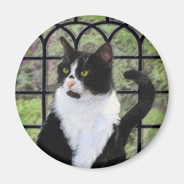 Imã Tuxedo Cat em Pintura de Janela Arte Animal Origin (Frente)