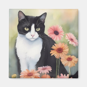 Imã Tuxedo Gato De Aquarela Com Flores De Margarida De