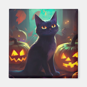 Imã Tuxedo Gato De Halloween Com Pumpkins Assustado