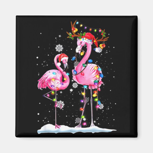 Imã Two Flamingo With Santa Hat And Lights Merry Chris (Frente)