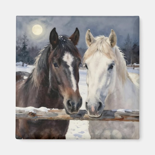 Imã Two Horses on a Snowy Farm Under the Moon (Frente)