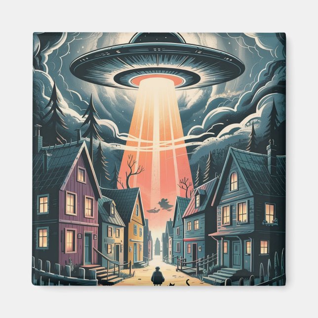 Imã UFO Abduction Night Street Illustration (Frente)