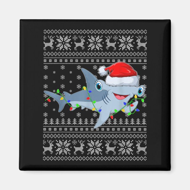 Imã Ugly Sweater Xmas Lights Santa Hammerhead Shark Ch (Frente)