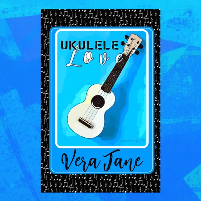 Ímã Ukulele ama tons de azul com nome (Criador carregado)