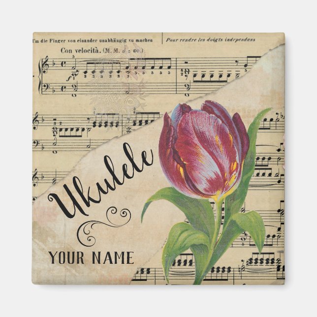 Imã Ukulele Tulip Vintage Sheet Music Personalizada (Frente)