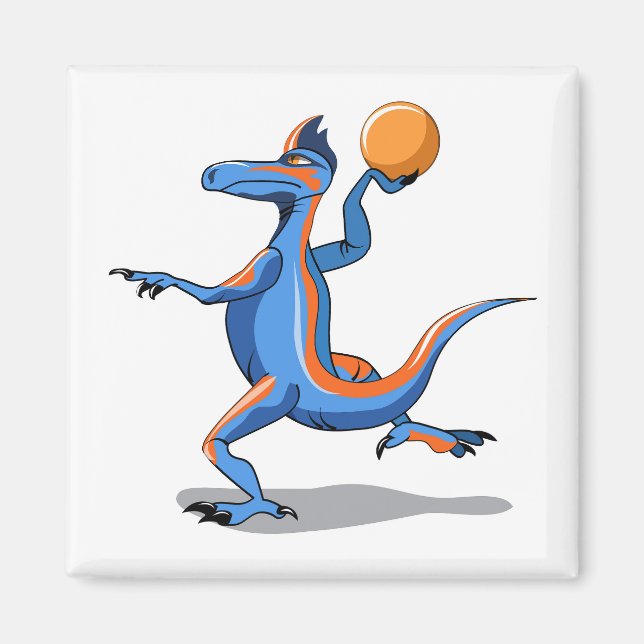 Imã Um Cartoon Iguanodon Jogando Basquete. (Frente)
