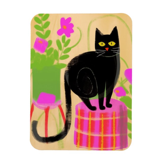 Ímã Um Gato Preto Com Plantas Domésticas (Vertical)