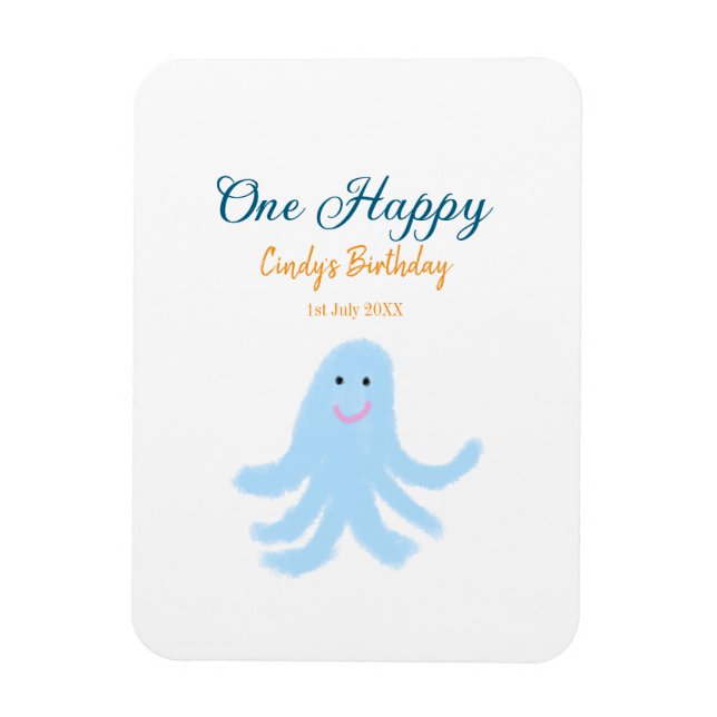 Ímã Um polvo azul feliz no aniversário do mar (Vertical)