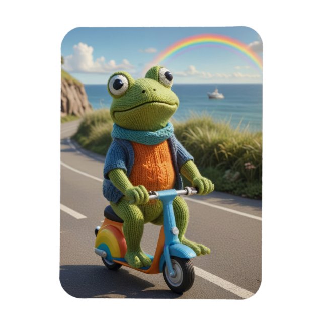 Ímã Um sapo de tricô anda de scooter (Vertical)