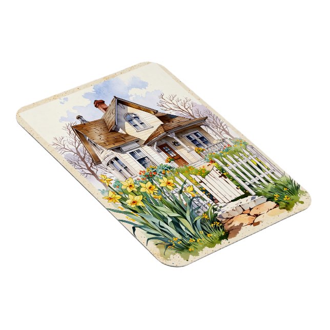 Ímã uma casa com narcisos amarelos florescentes (Lado Direito)