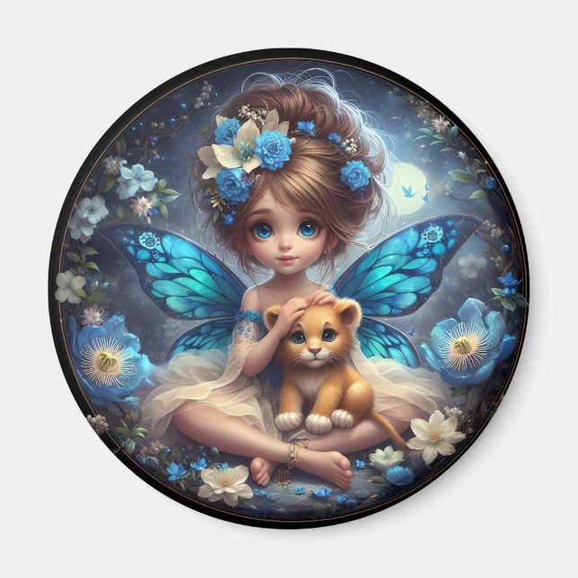 Imã Uma Fada e seu Filhote de Leão - Ímã Azul (Frente)