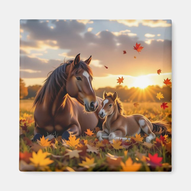 Imã Uma Mãe Cavalo e seu Potro no Outono (Frente)