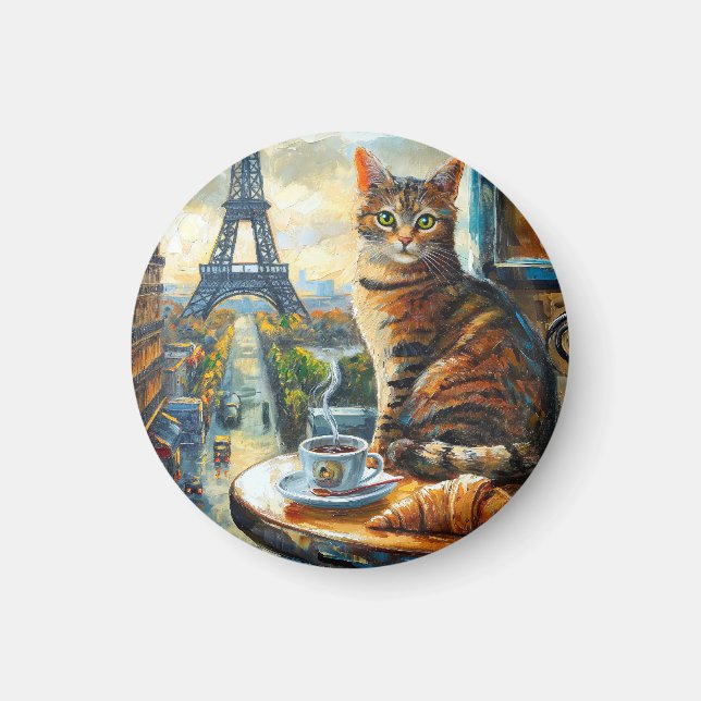 Imã Uma Manhã em Paris | Gato Malhado em um Café (Frente)