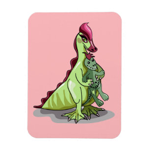 Ímã Uma Mulher Hadrosaurus Segurando Uma Boneca.