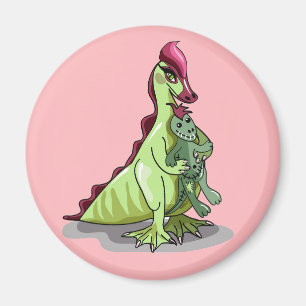 Imã Uma Mulher Hadrosaurus Segurando Uma Boneca.