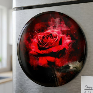 Imã Uma Rosa Vermelha Aquarela em Fundo Preto